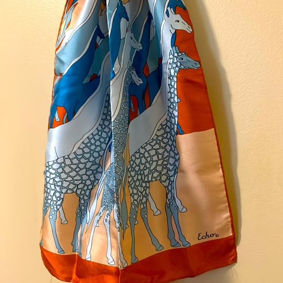 Echo Accessories - Echo Vintage Giraffe Print Turquoise and Burnt Orange Rectangular Scarf